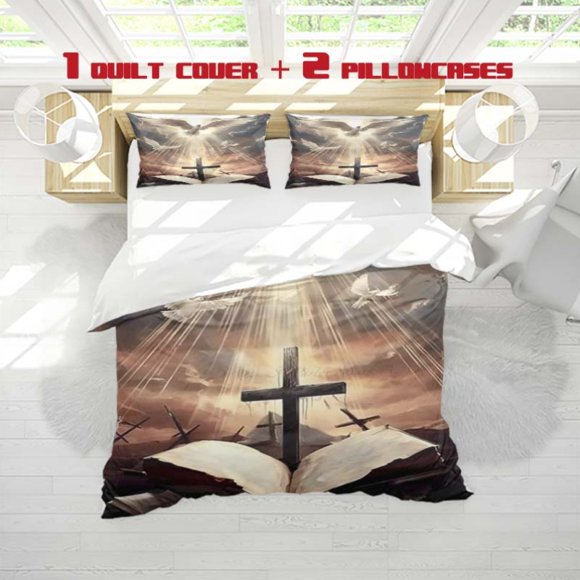 3pcss Holy Spirit Dove Cross Print 3pcs Bedding Soft Duvet Cover And Two Pillowcases