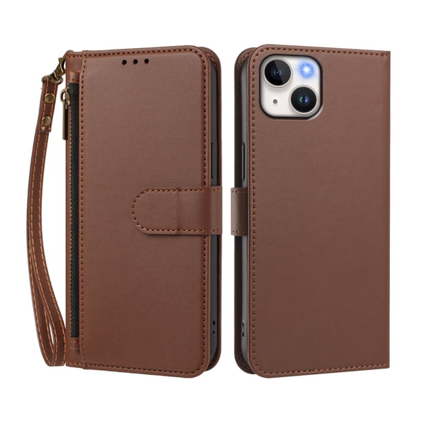Funda Tipo Billetera para iphone15 con Soporte y Bolsillo con Cierre Marrón