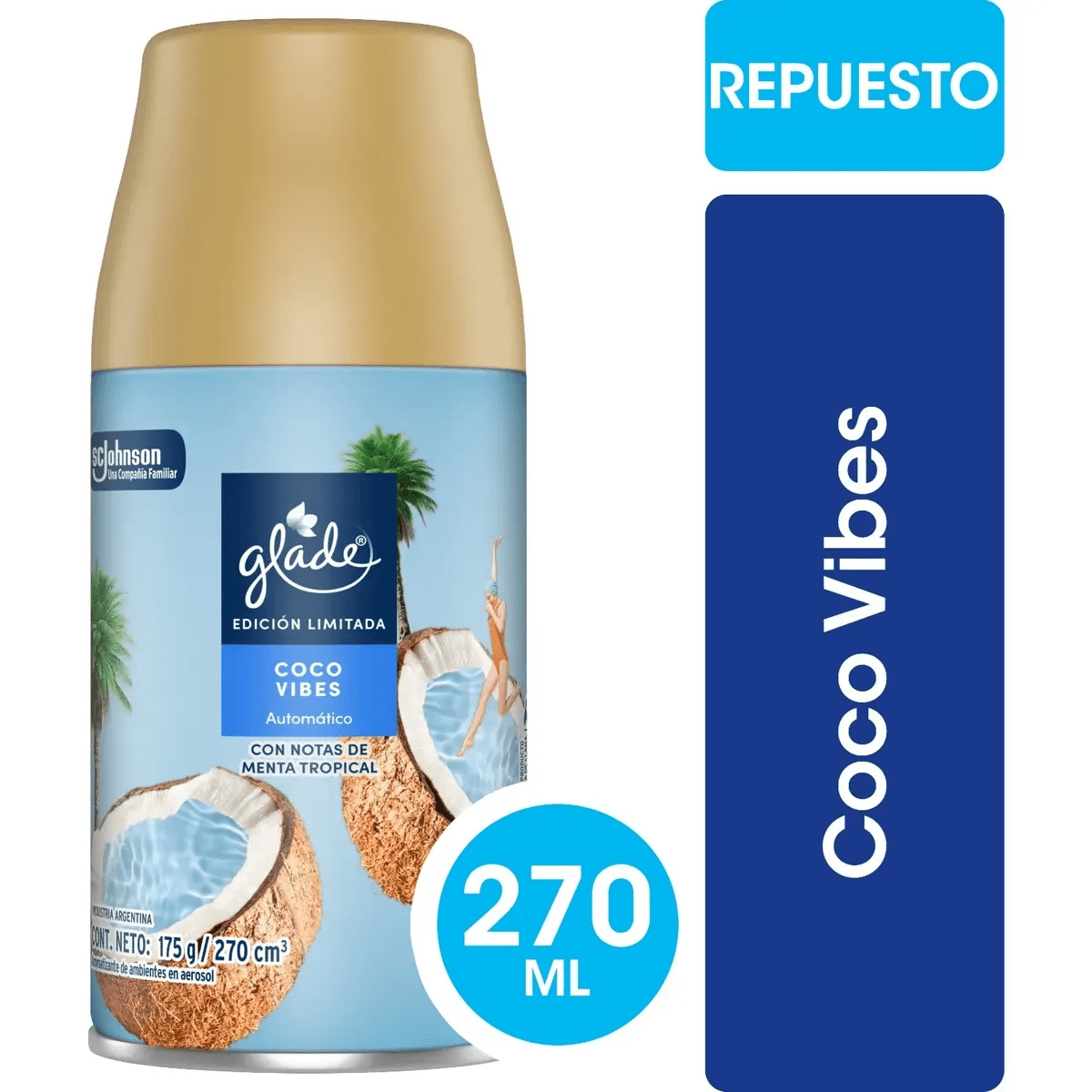 Aromatizante De Ambientes Automático Coco Vibes Aerosol Lata 270 ml Glade