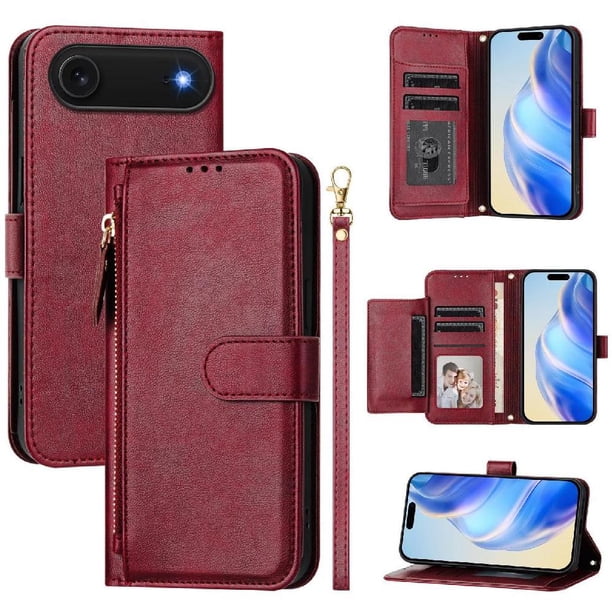 Funda Billetera Cremallera para iPhone 17 AIr con Porta Tarjetas, Soporte y Correa Rojo