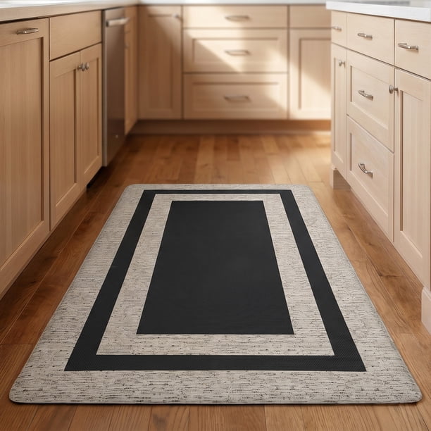 REGALWOVEN Geométrico Antideslizante Alfombra de Cocina Impermeable Resistente al Aceite Acolchada PVC Confort Alfombra de Piso Antideslizante Hogar Estilo Negro 30" x 17"