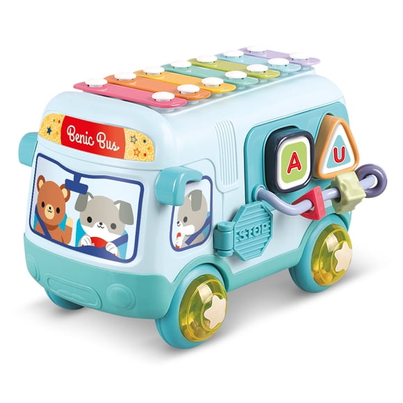 Autobús Musical Infantil con Xilófono y Figuras de Encastre Celeste