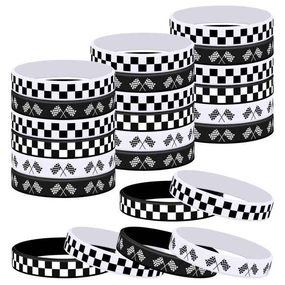 Pulseras Lesnala 48 piezas temática de carreras en silicona negro y blanco