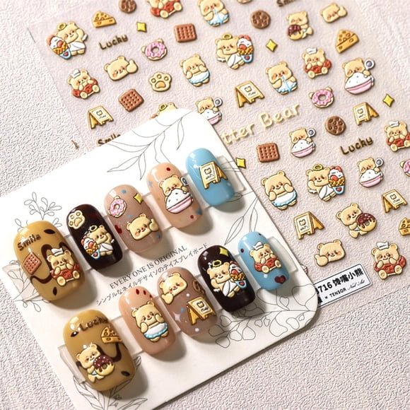 Pegatinas de uñas Dedyel, bonito oso con dibujos animados en relieve en 5D, para decoración de uñas