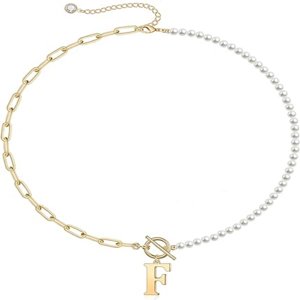 Collar Heshpaws Gold Initial Pearl 14K Gold Plated Paperclip Link Chain A-Z