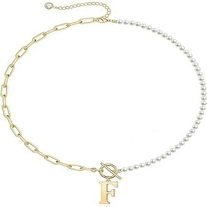 Collar Heshpaws Gold Initial Pearl 14K Gold Plated Paperclip Link Chain A-Z