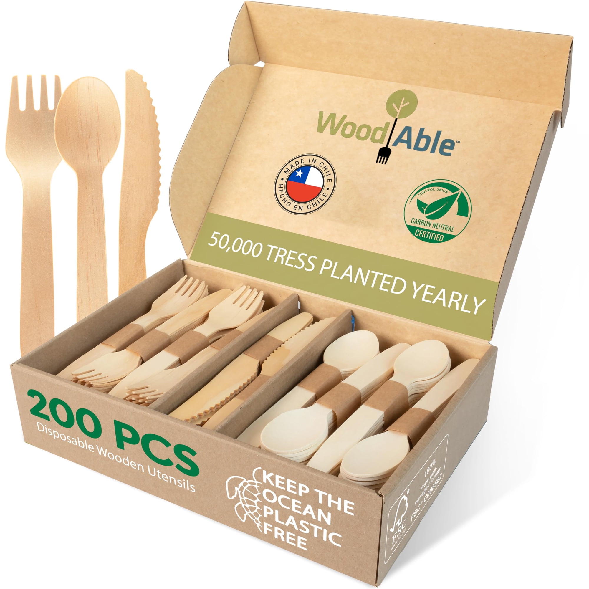Juego De Cubiertos De Madera Desechables Woodable 200 Home Compostable