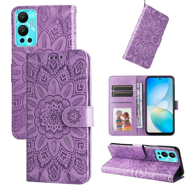 Funda tipo cartera FOXDOCK para Infinix Hot 12 , diseño girasol en relieve, cuero PU, cierre magnético, soporte y tarjetero