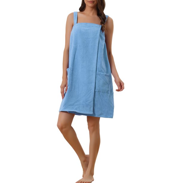 INSPIRE CHIC Vestido de Toalla de Mujer con Cierre de Tela de Terry Absorbente de Secado Rápido con Tirantes Ajustables y Bolsillos S Azul