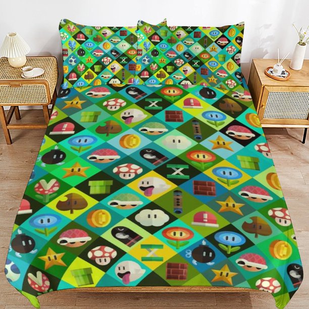 Super Mario 3-Piece Comforter Set for Bedroom Super Mario Bedding Set for Kids Adults Soft Microfiber Duvet Cover Set with Zipper Closure