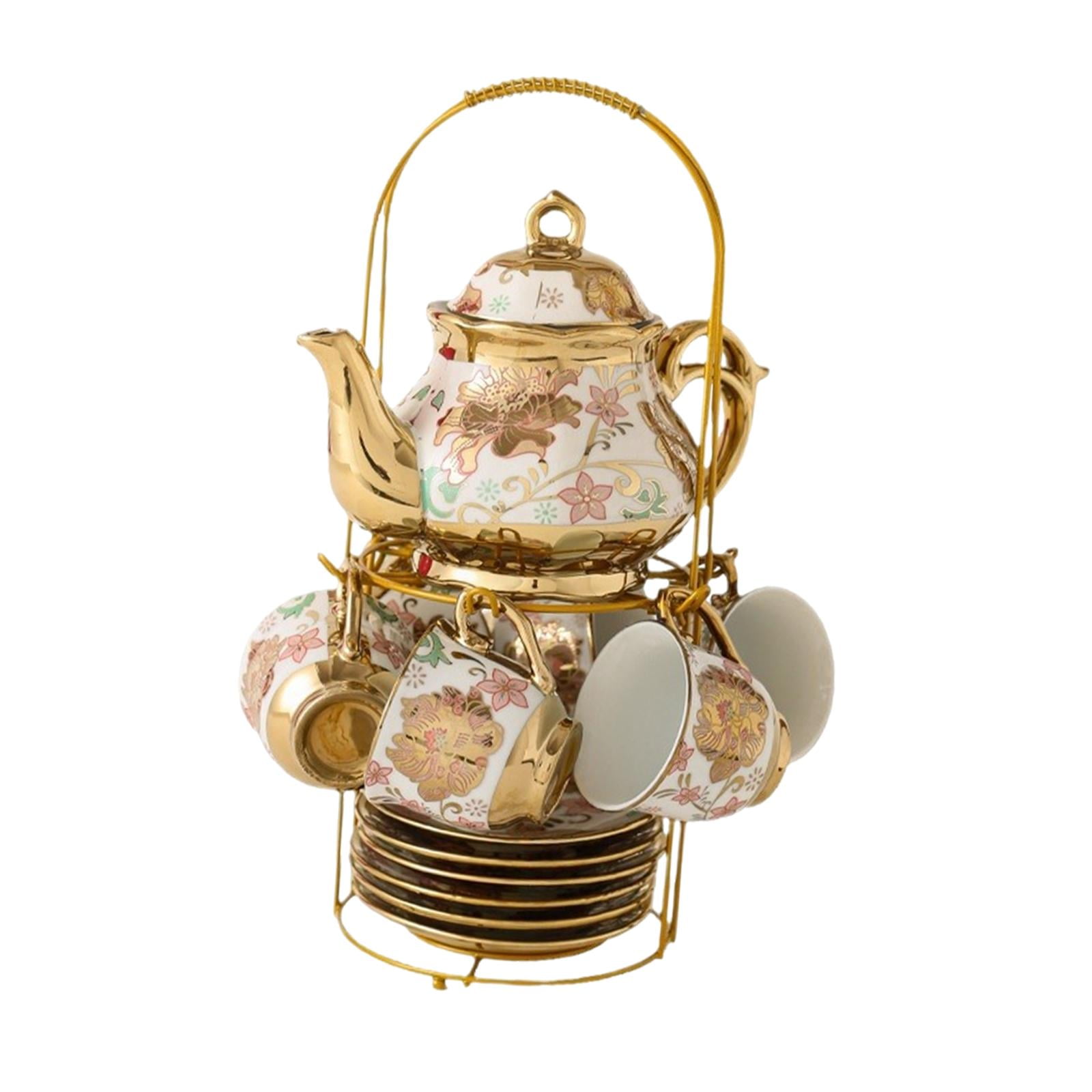 Bothyi - Juego De Té De Porcelana, Taza De Café/taza De Té, Platillo, Cucharas, Tetera Y Estante De Almacenamiento