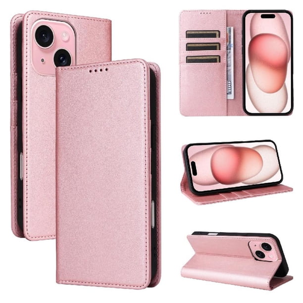 Funda Cartera para iPhone 15 con Ranuras Tarjetas y Soporte - Protección Completa Oro rosa