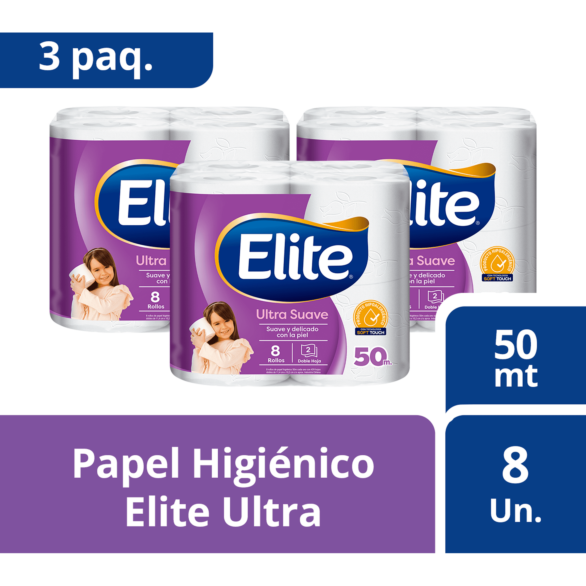 3 Paquetes Papel Higiénico Elite Ultra 8 Un 50 Mt