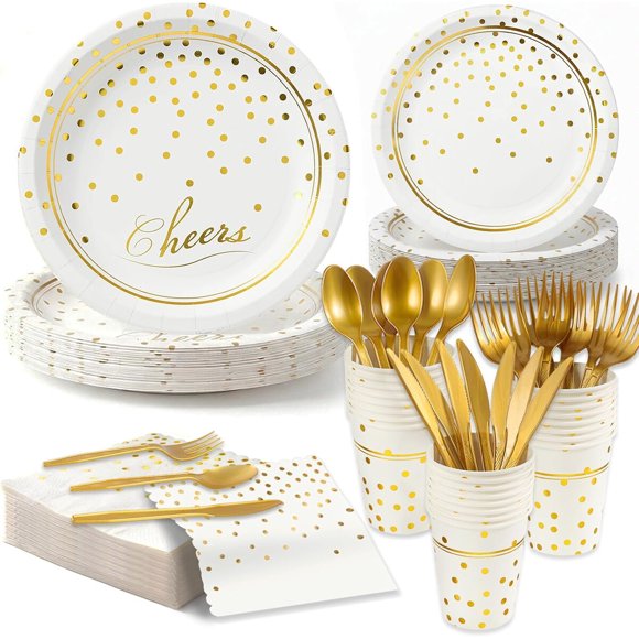 Set de Vajilla para Fiesta OuMuaMua de 168 Piezas, Blanco y Dorado