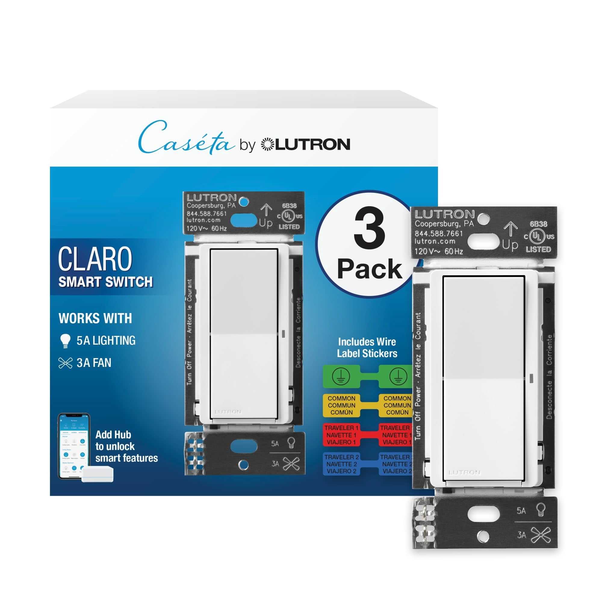 Interruptor De Luz Inteligente Lutron Claro Para Caseta Lighting 5a, Paquete De 3