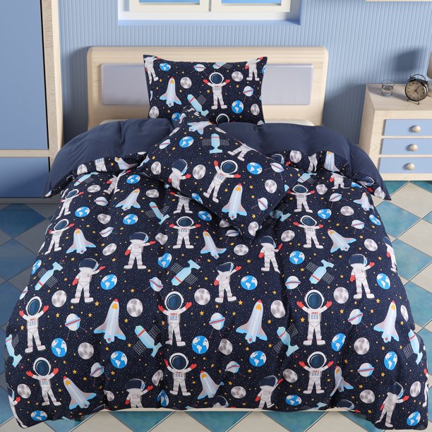 PiccoCasa Juego de Ropa de Cama para Niños de 3 Piezas de Microfibra con Patrón de Astronauta Espacial y 2 Fundas de Almohada Twin