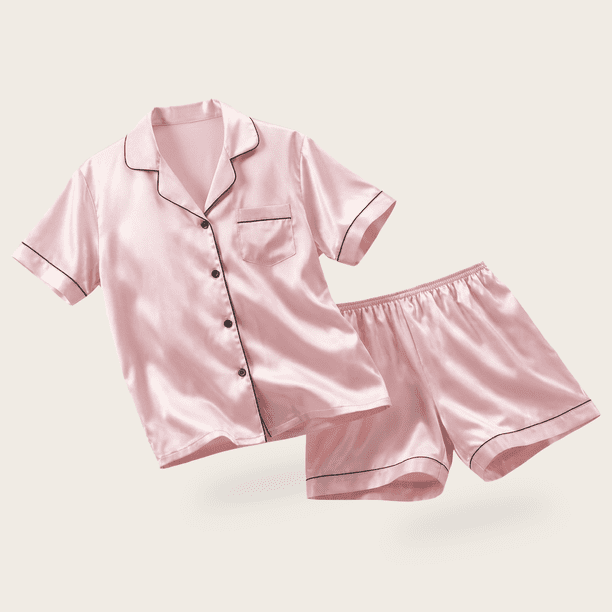 Pijama De Saten Mujer 2 Piezas Set Camisa Y Short Suave Boton Rosa