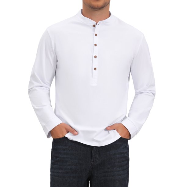 INSPIRE CHIC Camiseta Henley de Algodón para Hombre de Manga Larga con Botones Pullover Básico Tallas S Blanco