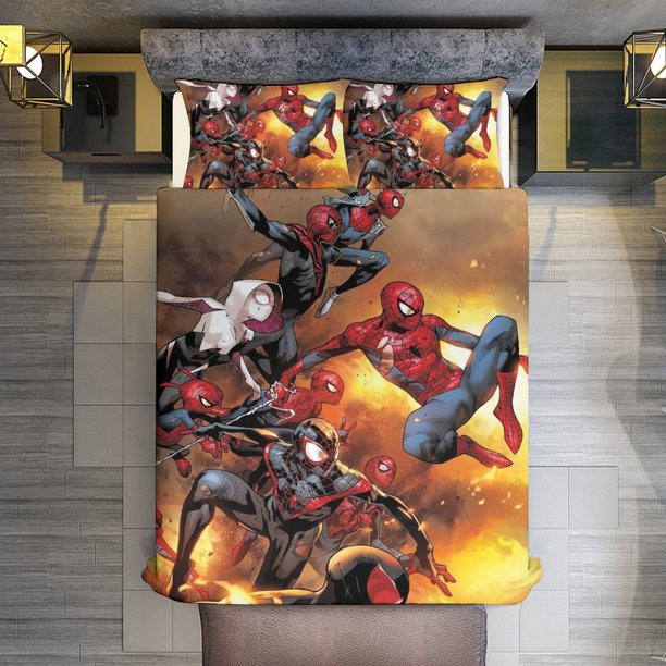 The Amazing Spider-Man 3 Piece Sets Full/Queen Size - Reversible Microfiber Quilts with 2 Shams Soft Lightweight Bedspread Coverlet Comforter for All Season Bed Sheets