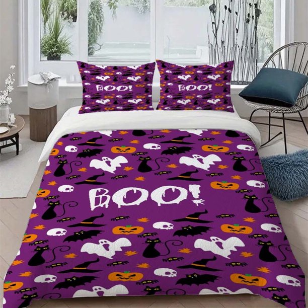3pcs Halloween Purple Background BOO Pattern Themed Printed Bedding Set Soft
