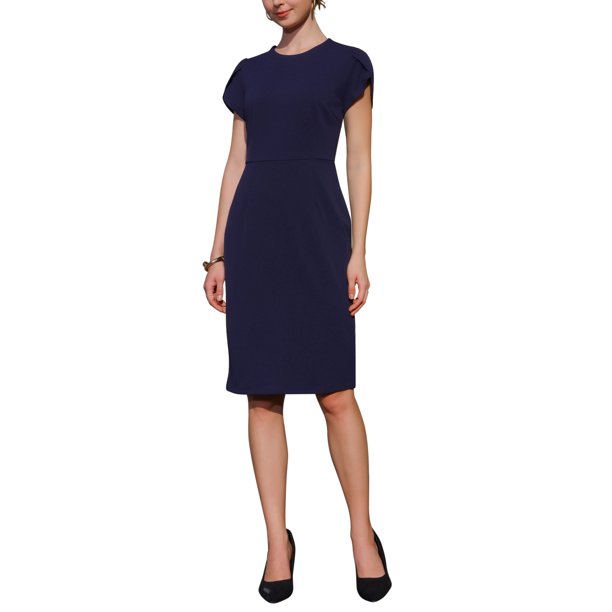 INSPIRE CHIC Vestido Formal de Trabajo para Mujer con Mangas de Pétalo 2025 Tendencia de Primavera Vestidos Ajustados a la Rodilla M Azul Marino