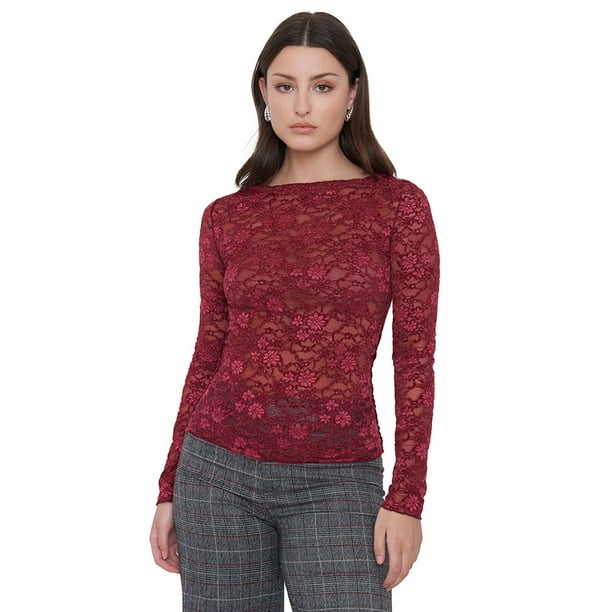 Polera Mujer Burdeo Encaje Corona