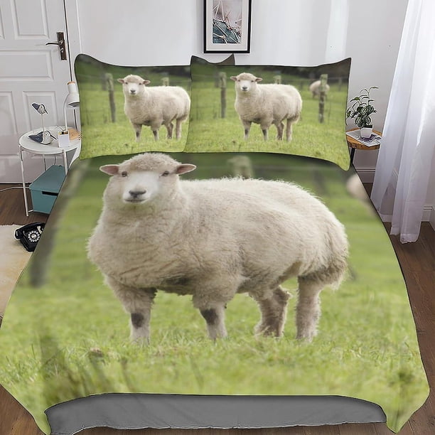 Juego de funda nórdica de ovejas 3D, juego de ropa de cama decorativo de microfibra y poliéster con lindos animales, funda nórdica con fundas de almohada, cremallera, juego de 3 piezas.
