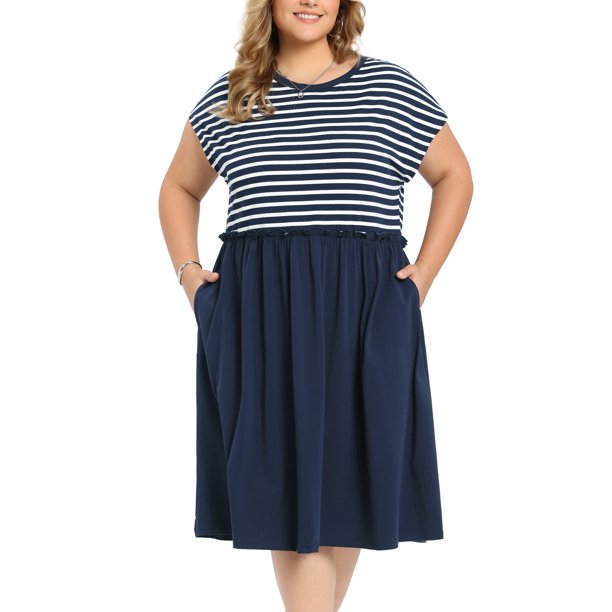 Vestido Casual para Mujer de Talla Grande GRACE & GRANDEUR Cuello Redondo Manga Raglán Patchwork a Rayas Cintura Fruncida Vestidos Midi Línea A con Bolsillos 2X Azul Marino