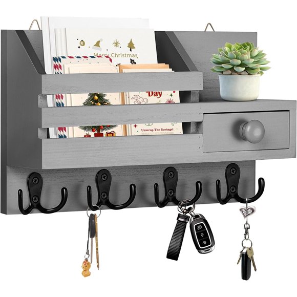 Key Holder Wall Mount, Wooden Key and Mail Organizer, Gray
