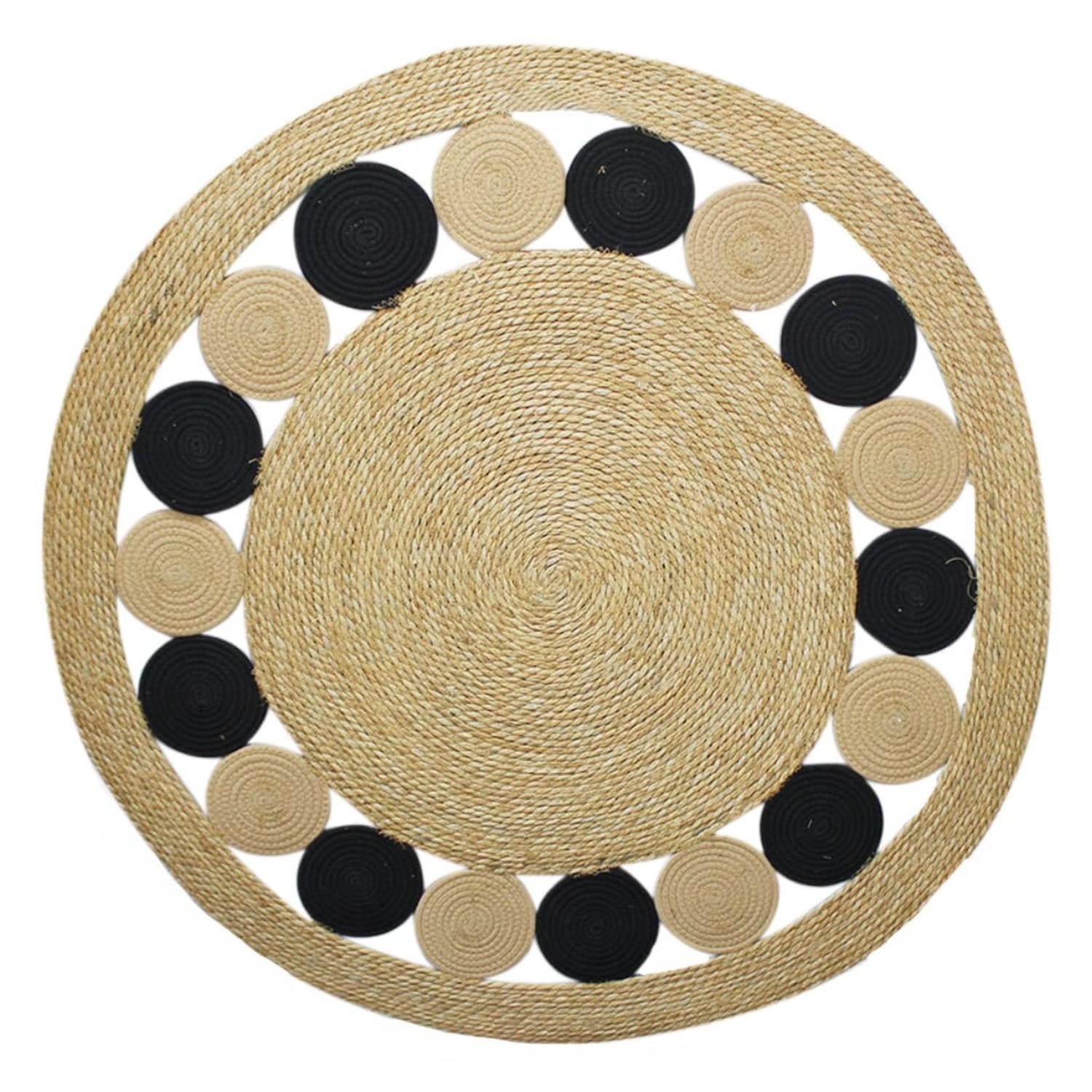 Fliperex - Alfombra Redonda De Yute Borde De Circulos Negro Y Franja