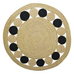 Fliperex - Alfombra Redonda De Yute Borde De Circulos Negro Y Franja Cafe