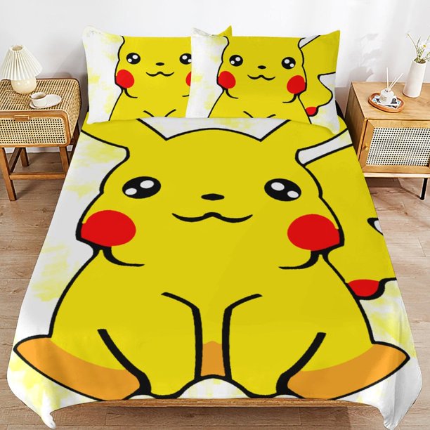 Pi-ka-chu Bed Duvet Cover Microfiber Bedding Sets 3D Printed Lightweight 3 Piece Comforter Sets for Kids Boys Girls