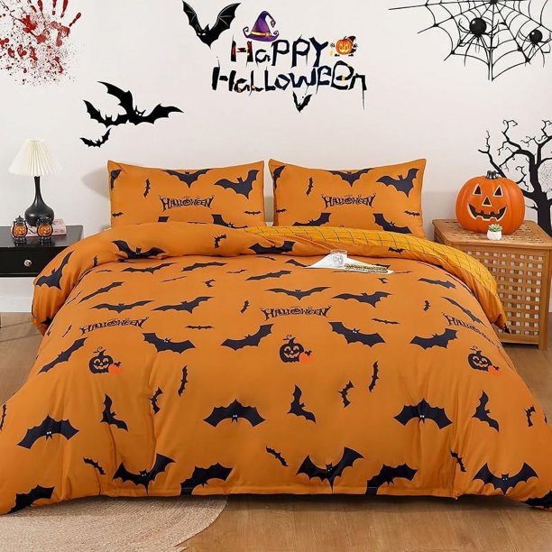 Hallo-ween-Duv-et Co-ver Se- Queen P-umpkin Bat Ora-nge Be-dding -Duvet Cover- Set 3 Pie-ces Ha-lloween Duvet Cover with 2 P-illcases-es Funny Halloween- Comfor-ter Cov-er Set for Kids Teens 90 x 90""