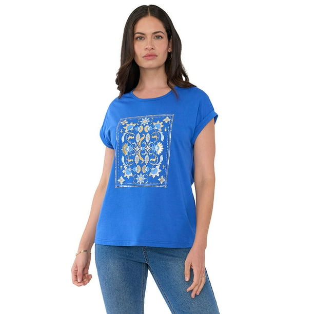 Polera Mujer Azul M/C Focal Print Corona