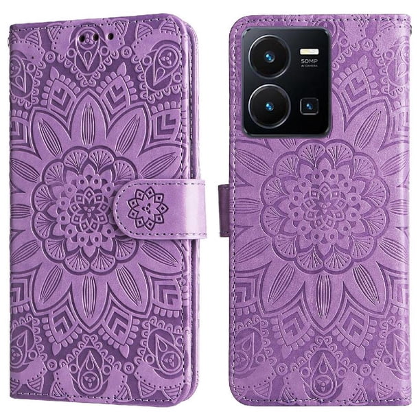Funda tipo cartera FOXDOCK para Vivo Y22s/Y22 , diseño girasol en relieve, cuero PU, cierre magnético, soporte y tarjetero