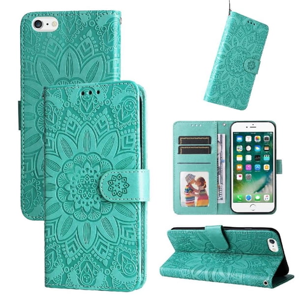 Funda tipo cartera FOXDOCK para iPhone 6/6s , diseño girasol en relieve, cuero PU, cierre magnético, soporte y tarjetero