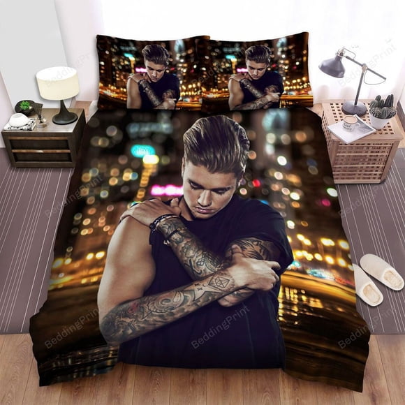 Justin Bieber and His Tattoos Image Bed Cover Spread Duvet Cover Bedding Set3-Piece Bedding Set (1 Duvet Cover + 2 Pillow Shams)