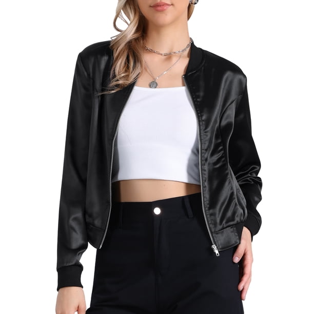 INSPIRE CHIC Chaqueta Bomber para Mujer Ajuste Delgado Ligera con Cremallera Negra Talla L