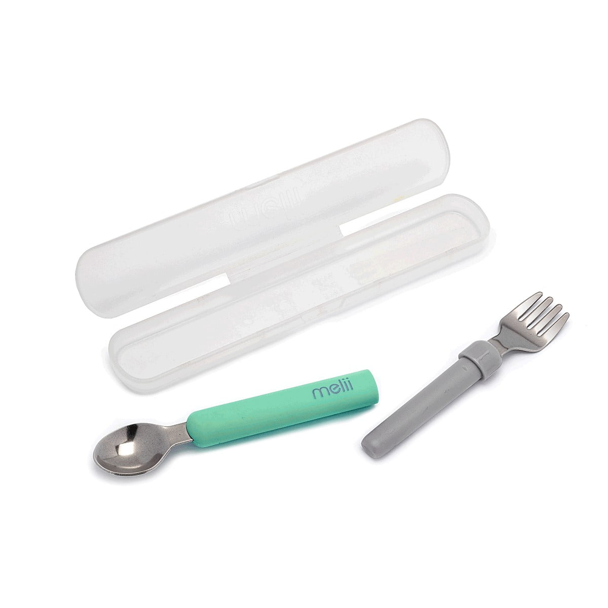Melii - Utensilio Para Alimentación Set Cuchara Y Tenedor Desmontable Verde Y Gris.
