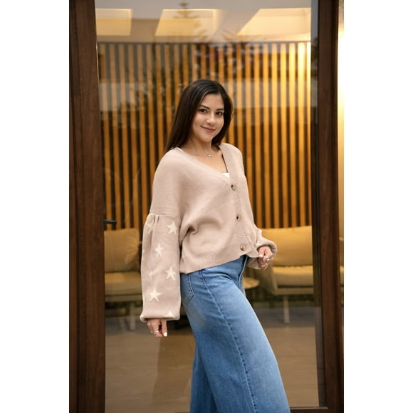 sweater mocha con estrellas y botones - MM SHOP