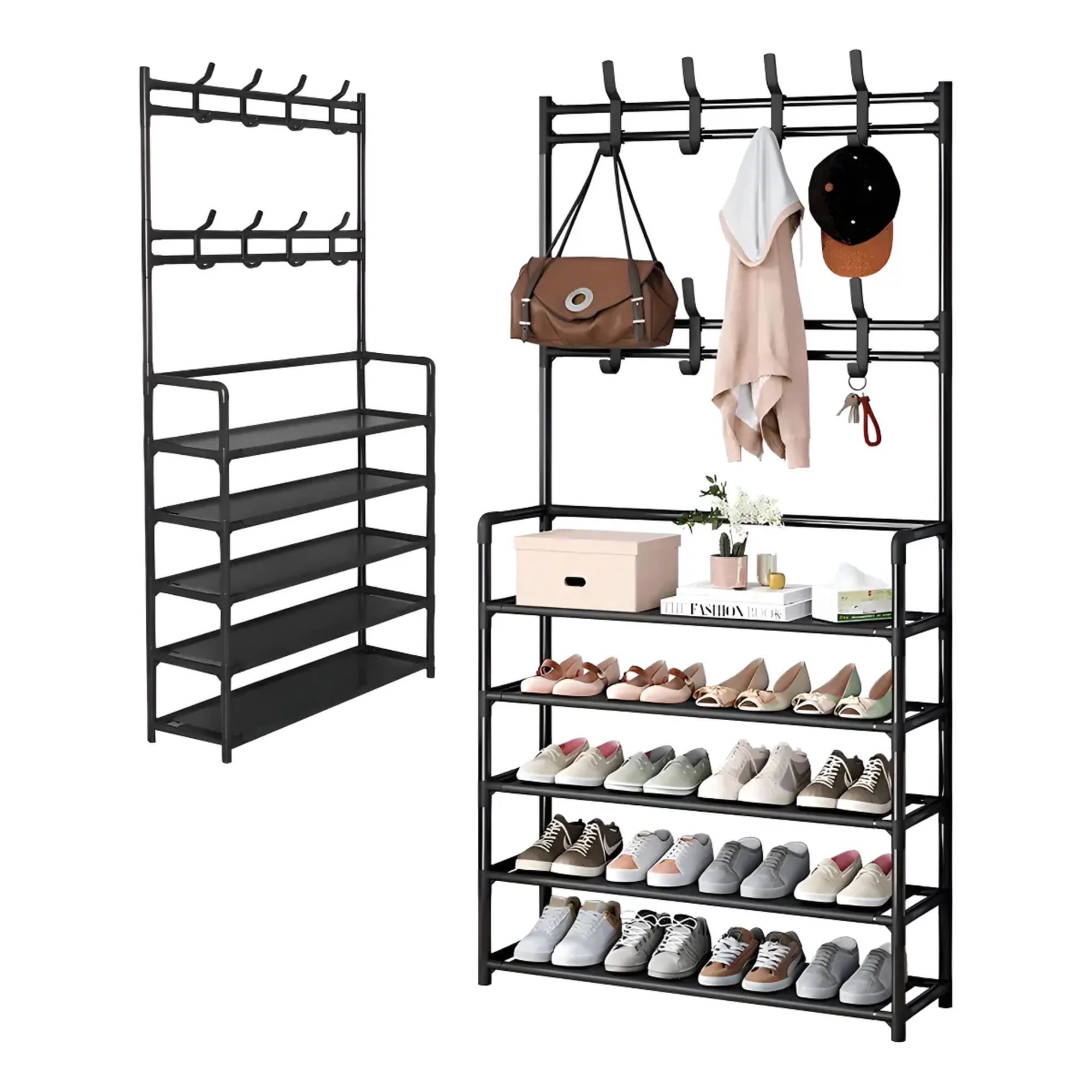Percheros Combo 2 De Pie Organizador De Ropa Y Calzado 5 Estantes Multiuso Con Ganchos Laterales Closet Entrada Figoimport