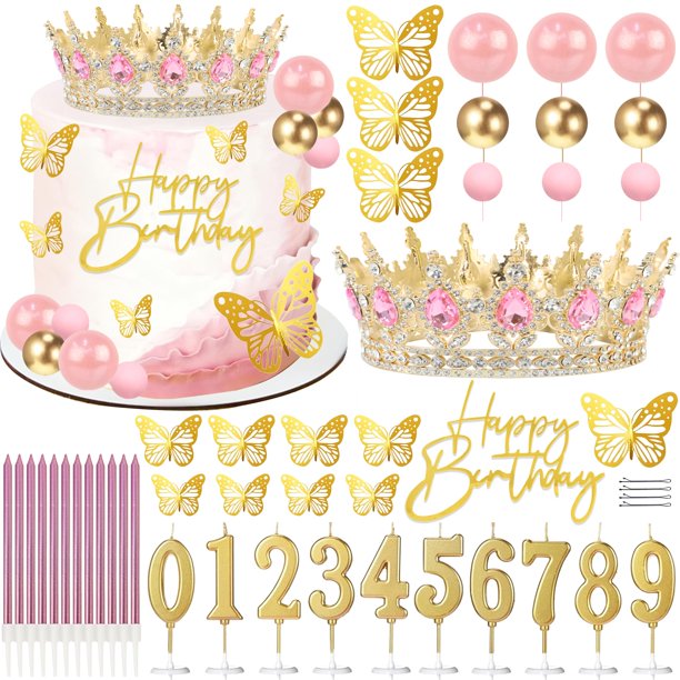 SUTROMA Adorno de corona para pastel, corona para pastel, toppers de cumpleaños con velas, bolas y mariposas, decoraciones para pastel para fiesta de princesa, mujer, reina, boda (dorado y rosa)