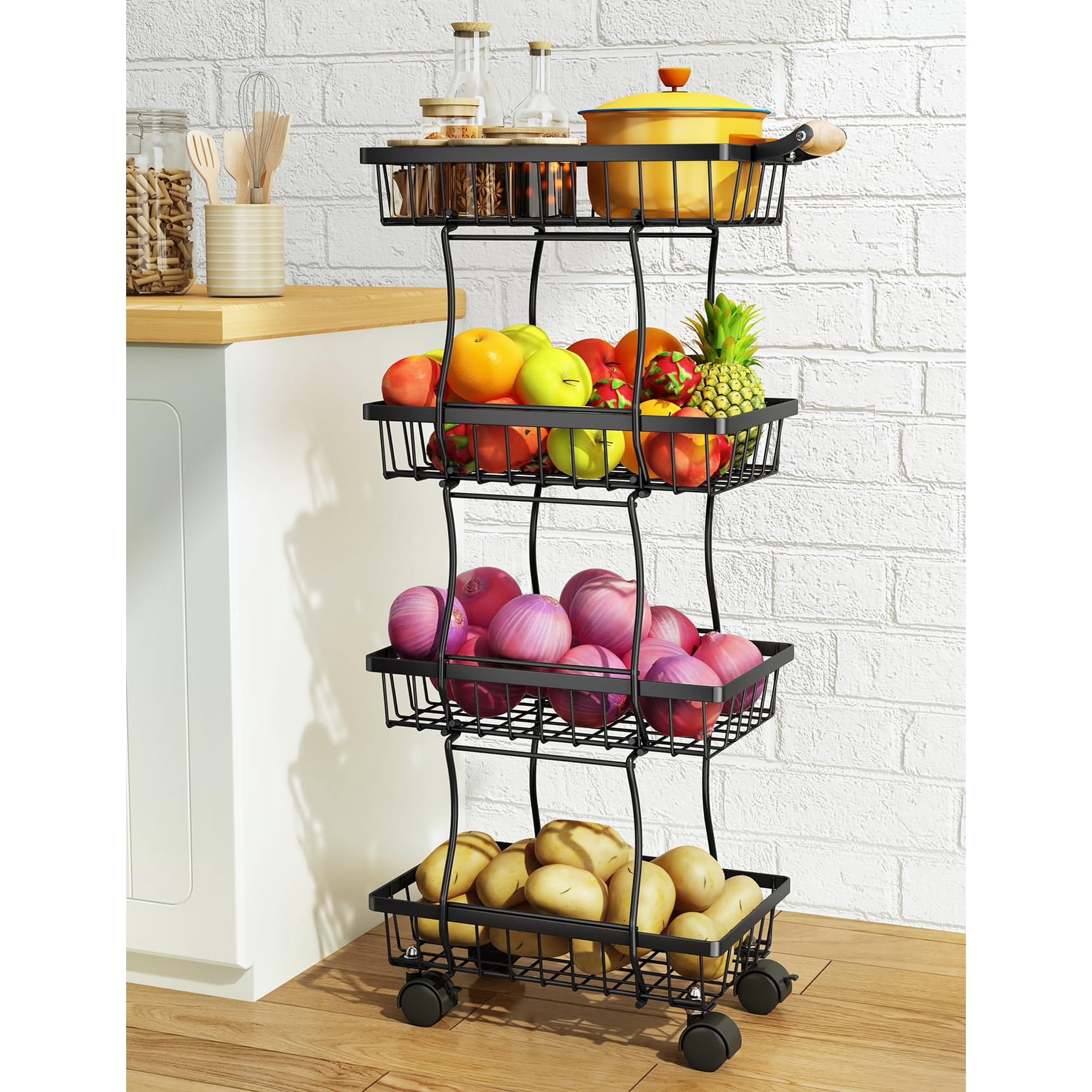 Carrito Utilitario Rodante Fruit Basket Sayzh De 4 Niveles, Metal Negro