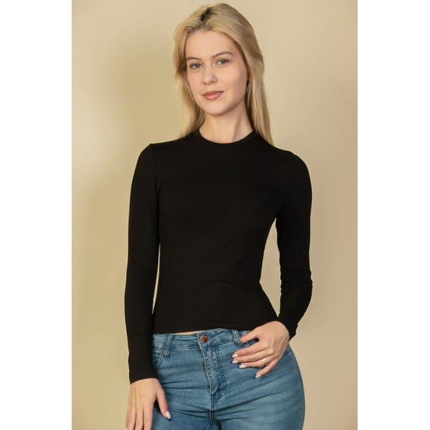 Top de Manga Larga con Cuello Redondo Acanalado