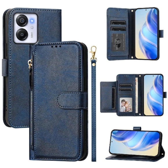 Funda tipo cartera para Negroview Oscal Color 8 con bolsillo con cremallera, tarjetero, soporte, correa para la muñeca y tapa de cuero azul