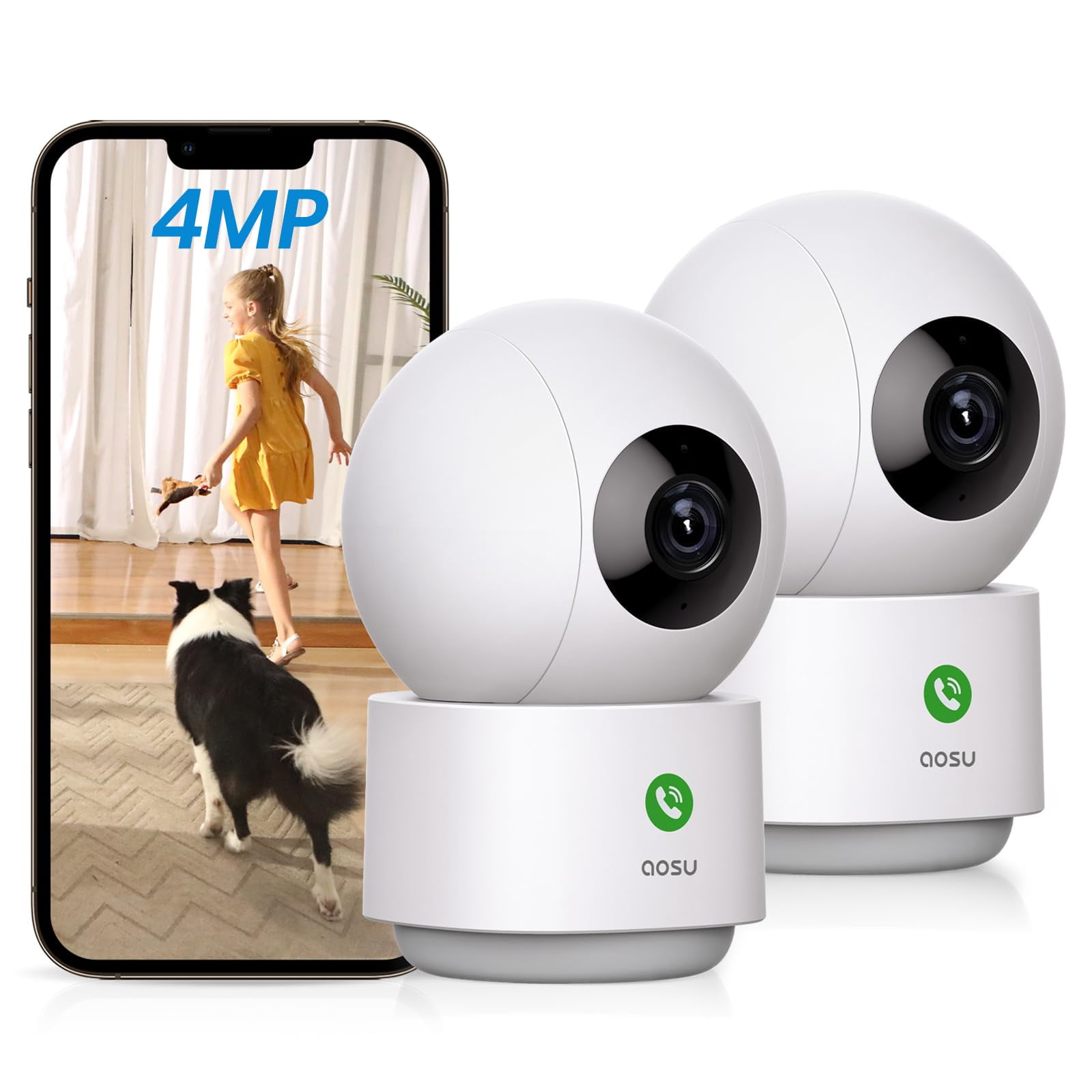 Cámara De Seguridad Aosu, 4 Mp, 2,5 K, Monitor Para Bebés, Wifi 360°, Paquete De 2