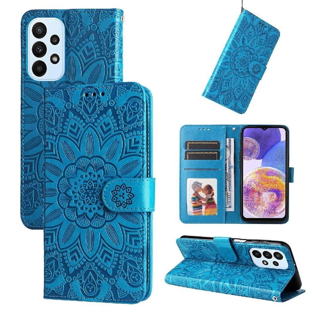 Funda tipo cartera FOXDOCK para Samsung Galaxy M23 5G , diseño girasol en relieve, cuero PU, cierre magnético, soporte y tarjetero
