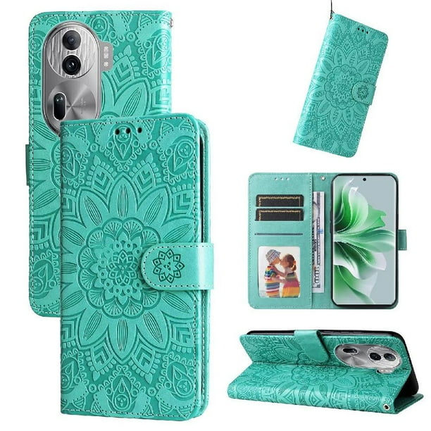 Funda tipo cartera FOXDOCK para OPPO Reno 11 Pro 5G , diseño girasol en relieve, cuero PU, cierre magnético, soporte y tarjetero