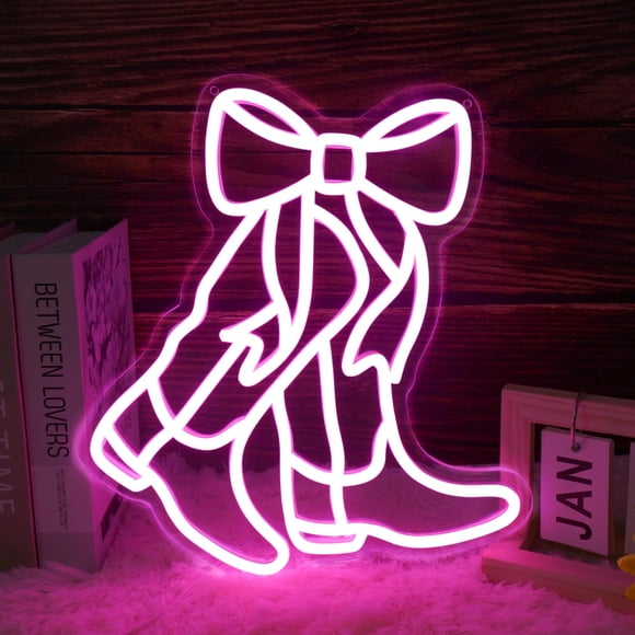 Letrero De Neón Bota Vaquera Con Moño Led Rosa 32 X 30 Cm