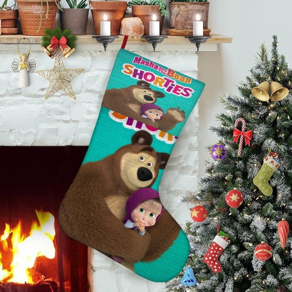 Masha y el Oso Tema: Calcetines de Navidad, fino lino blanco para colgar en escaleras y chimenea, decoración navideña para el hogar, regalo de Navidad. 45cm × 32cm